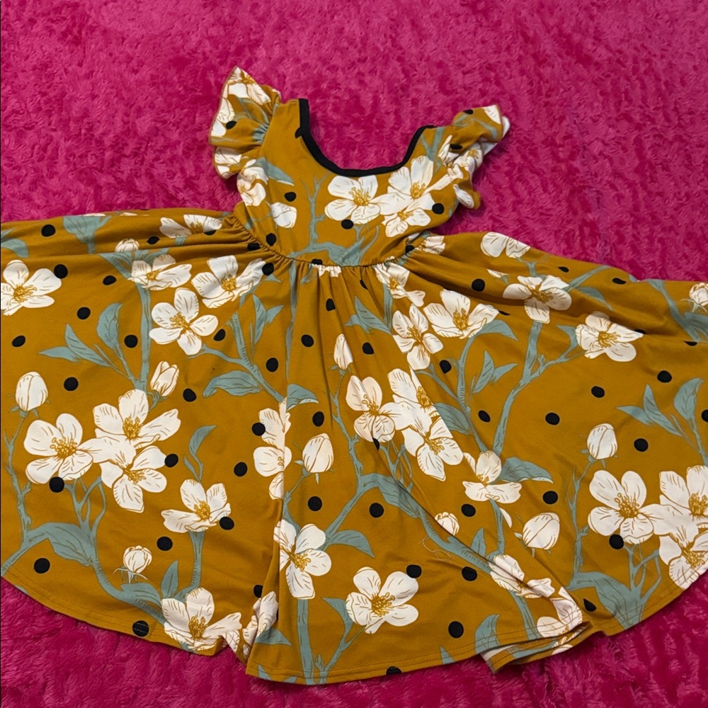 Dot Dot Smile Mustard Floral Magnolia Kids Twirl Dress